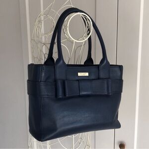 * KATE SPADE navy blue leather polka dot lining classic satchel bag EUC